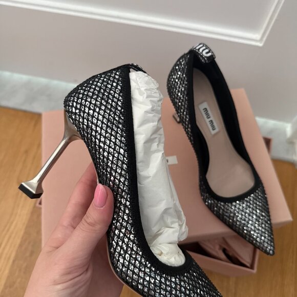 NWT Miu Miu Pointed Toe Pumps Black Mesh Silver Glitter High Heels  34.5 - Picture 5 of 12